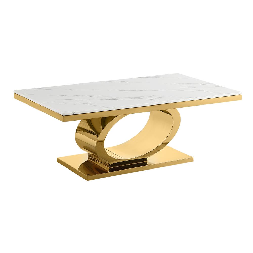 White marble top coffee table with gold color base. Picture 1