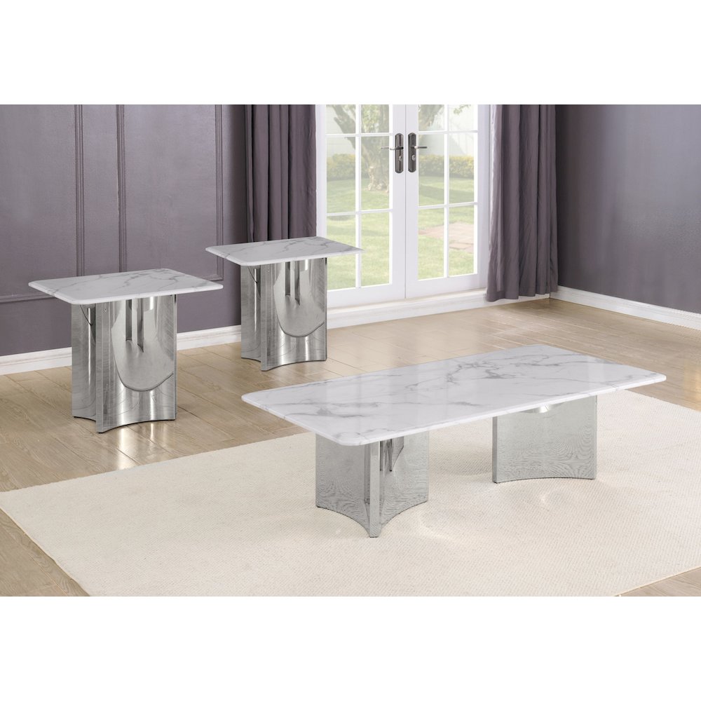 3pc White Marble Top Coffee Table Set 2 End Tables. Picture 2