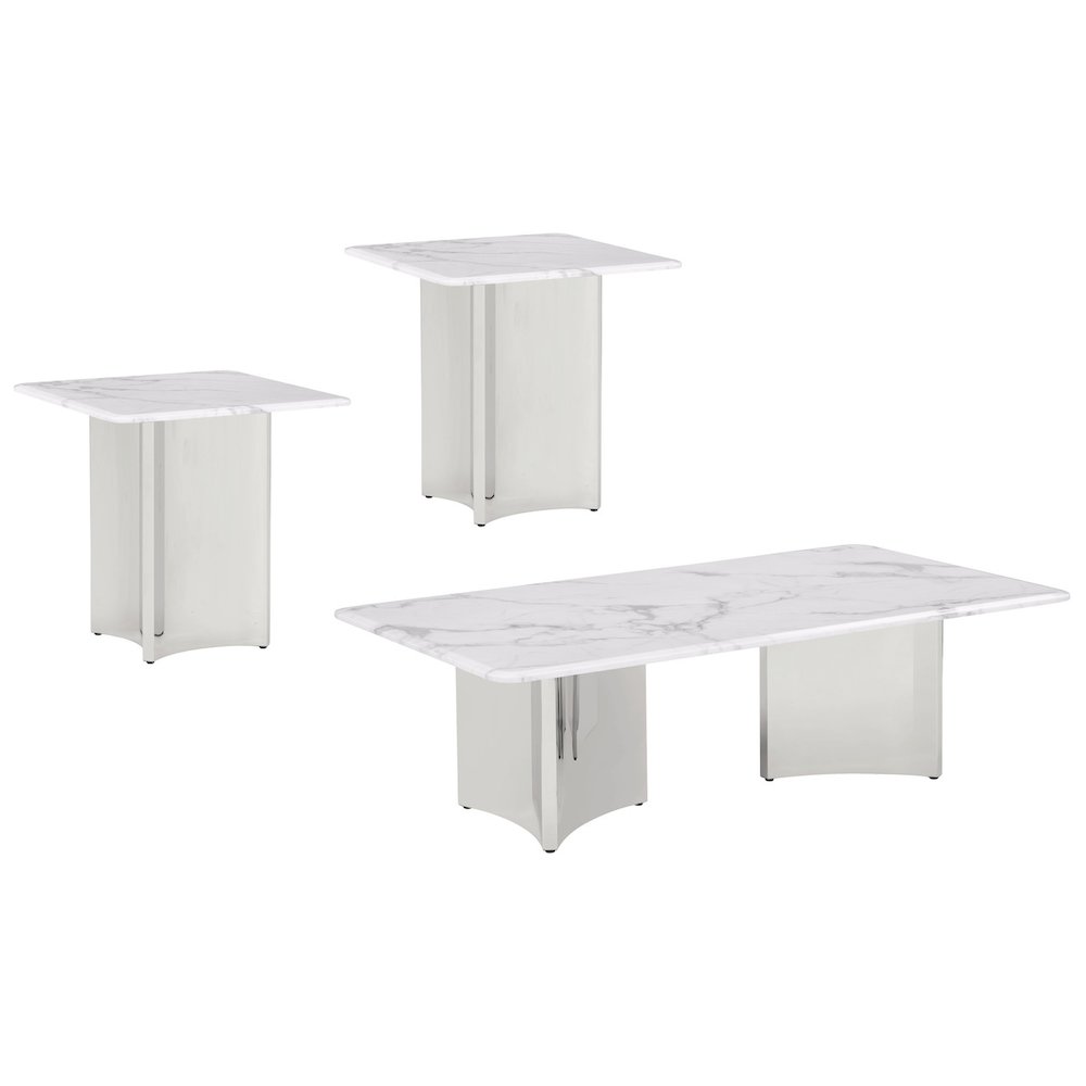 3pc White Marble Top Coffee Table Set 2 End Tables. Picture 1