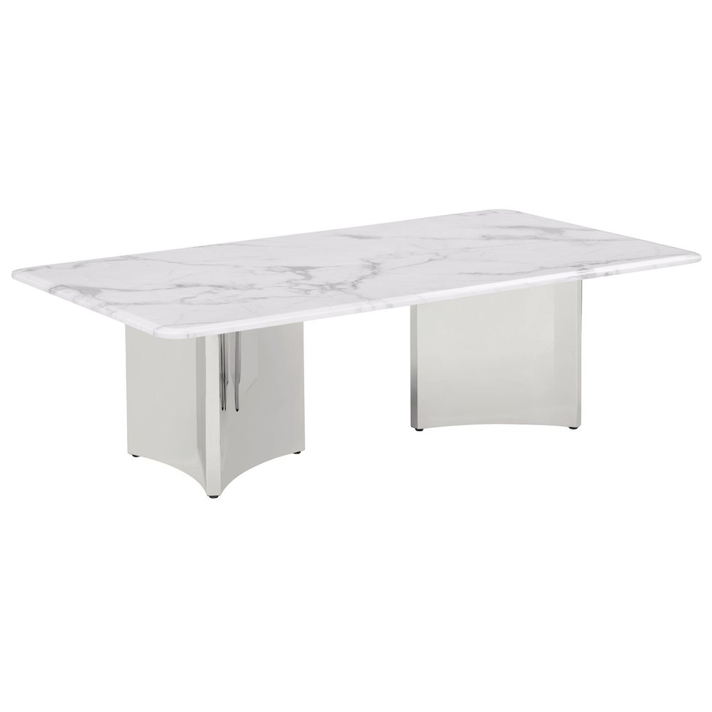 Rectangle White Marble Coffee Table with Silver Base. Picture 1