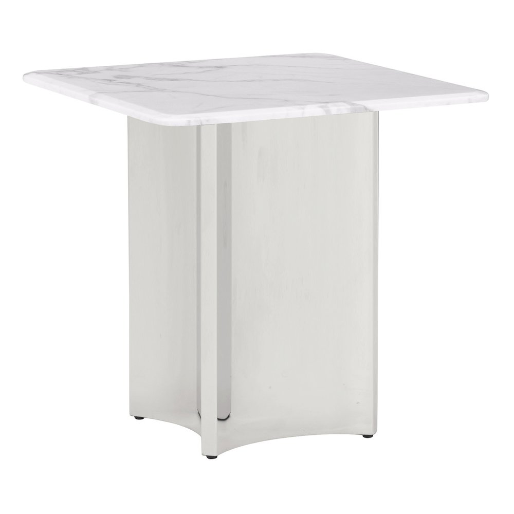 Square White Marble End Table with Silver Base. Picture 1