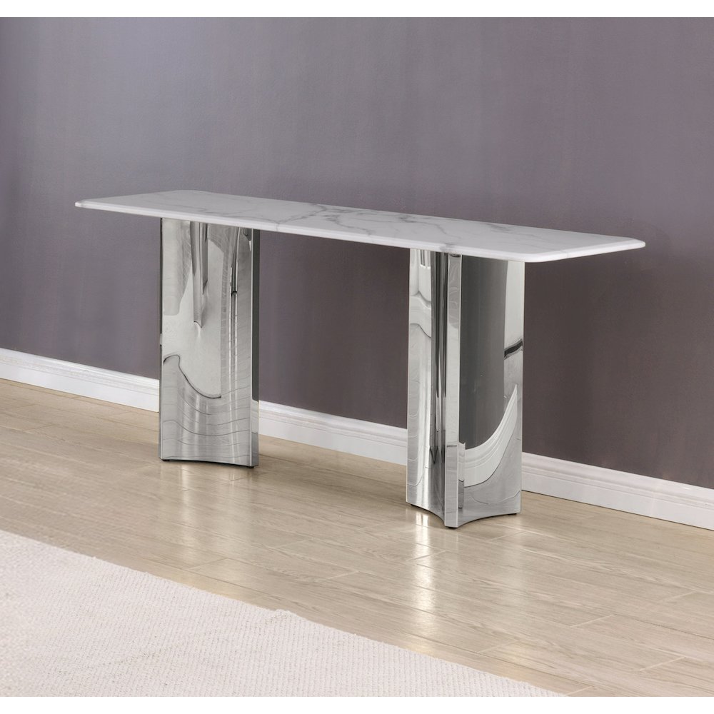 Rectangle White Marble Console Table with Silver Base. Picture 2