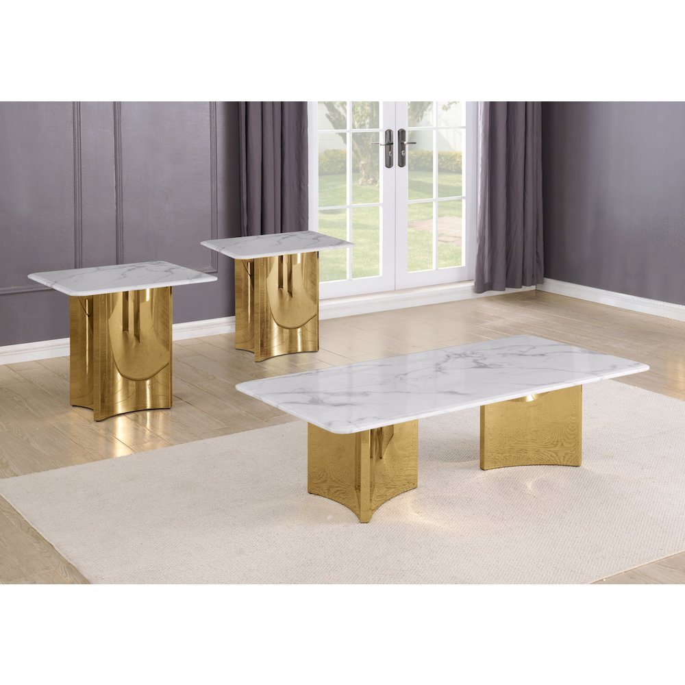 3pc White Marble Top Coffee Table Set 2 End Tables. Picture 2