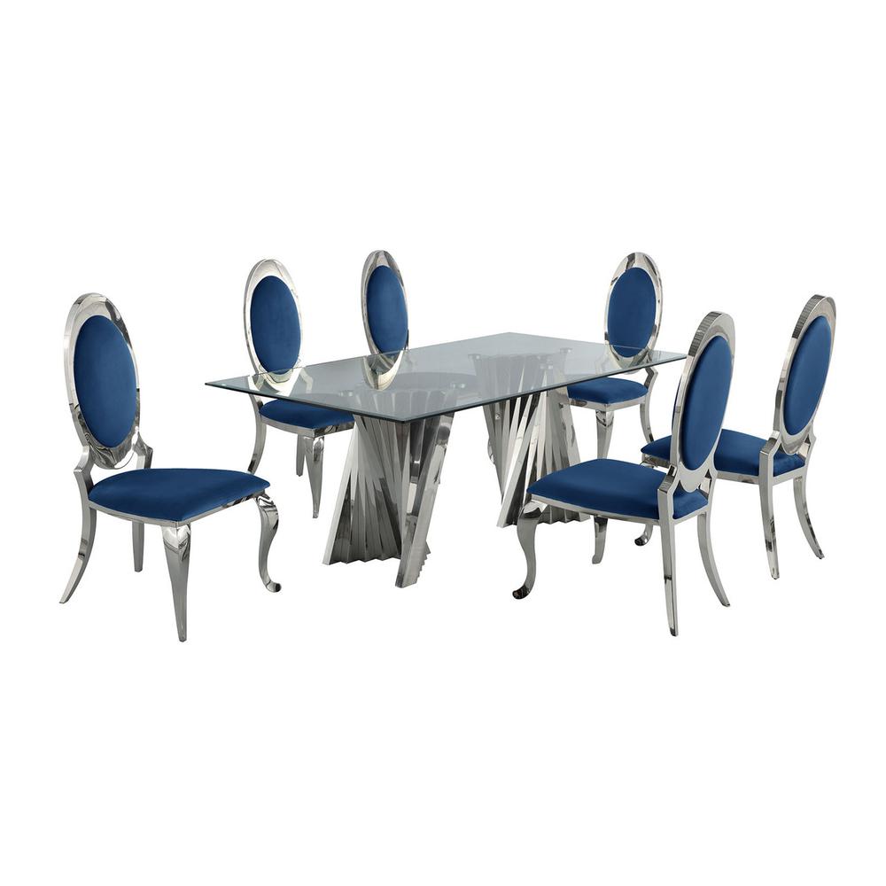 Classic 7pc Dining Set w/Uph Side Chair, Glass Table w/ Silver Spiral Base, Navy Blue. Picture 1