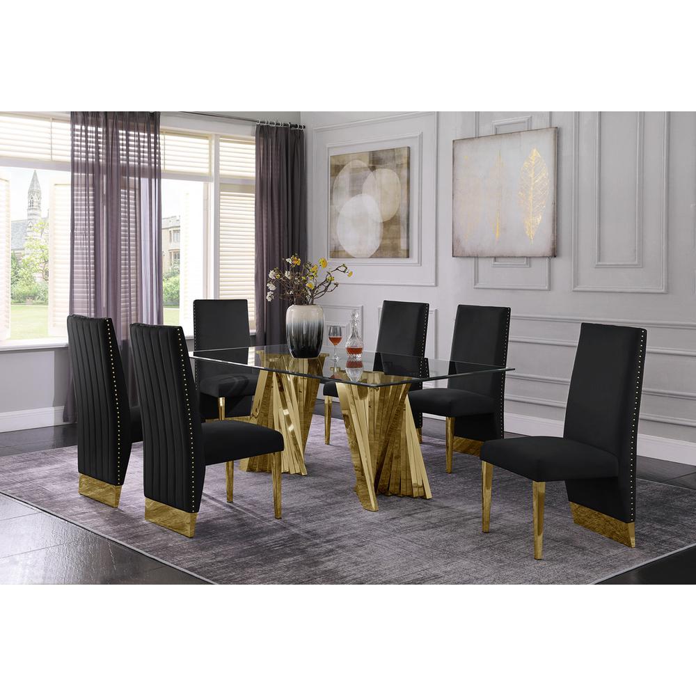 Classic 7pc Dining Set w/Pleated Side Chair, Glass Table w/ Gold Spiral Base, Black. Picture 4