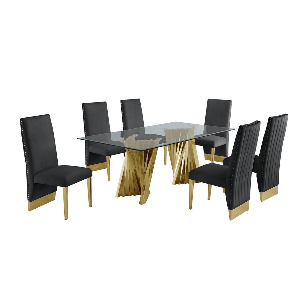 Classic 7pc Dining Set w/Pleated Side Chair, Glass Table w/ Gold Spiral Base, Black. Picture 1