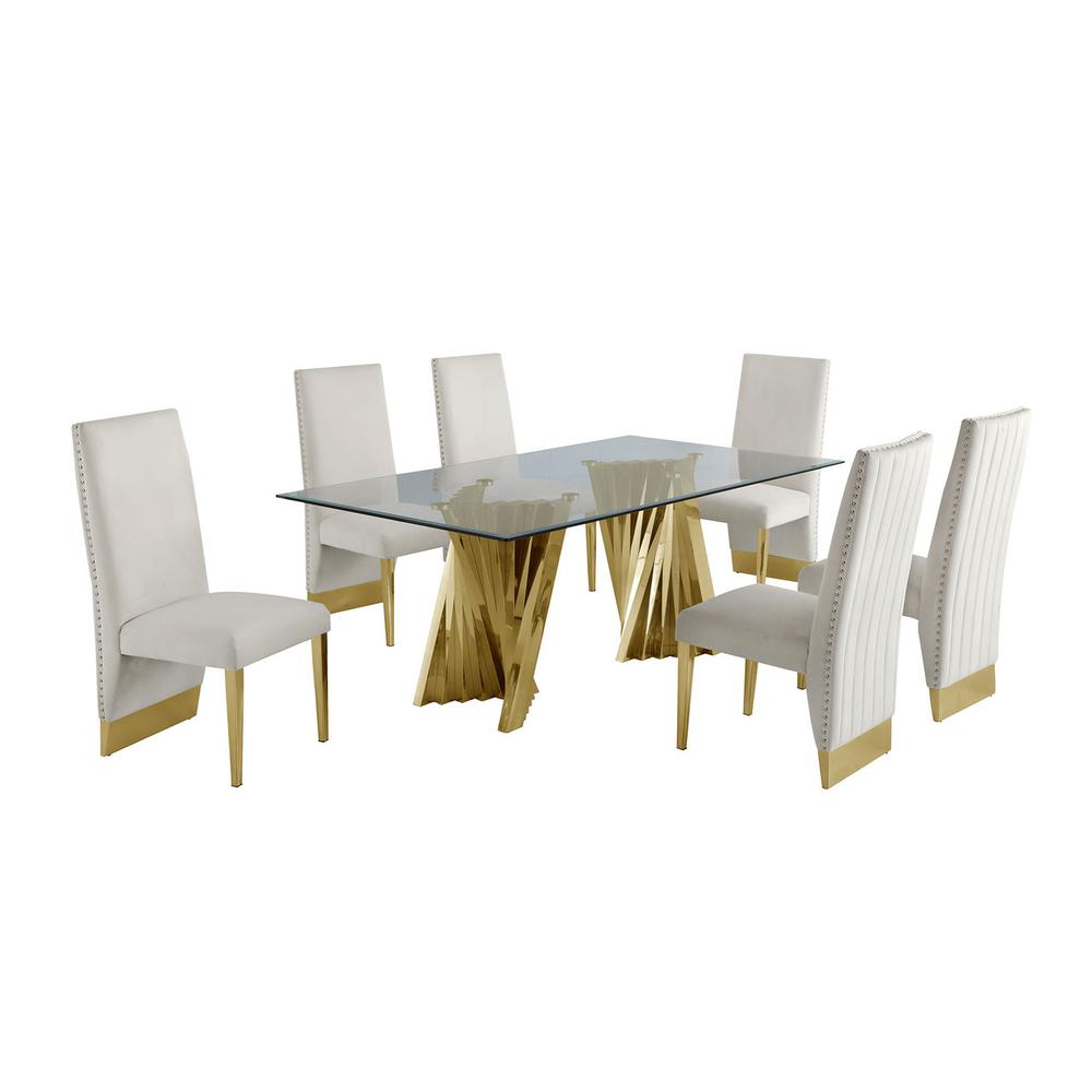 Classic 7pc Dining Set w/Pleated Side Chair, Glass Table w/ Gold Spiral Base, Beige. Picture 1