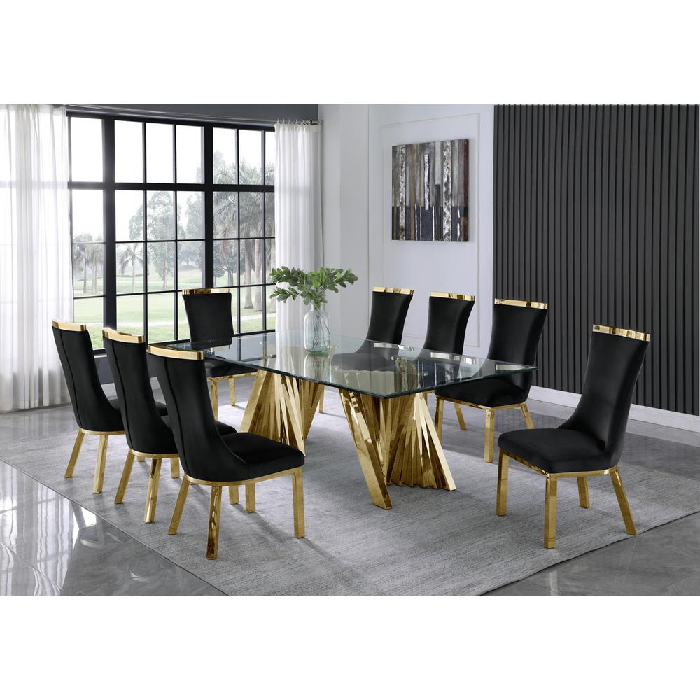 9pc dining set- Recatngle Glass table with gold color base and Black velvet chairs. Picture 4