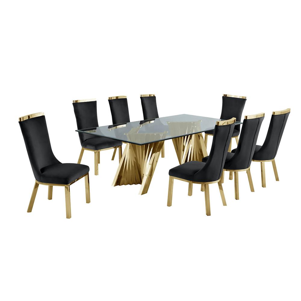 9pc dining set- Recatngle Glass table with gold color base and Black velvet chairs. Picture 1
