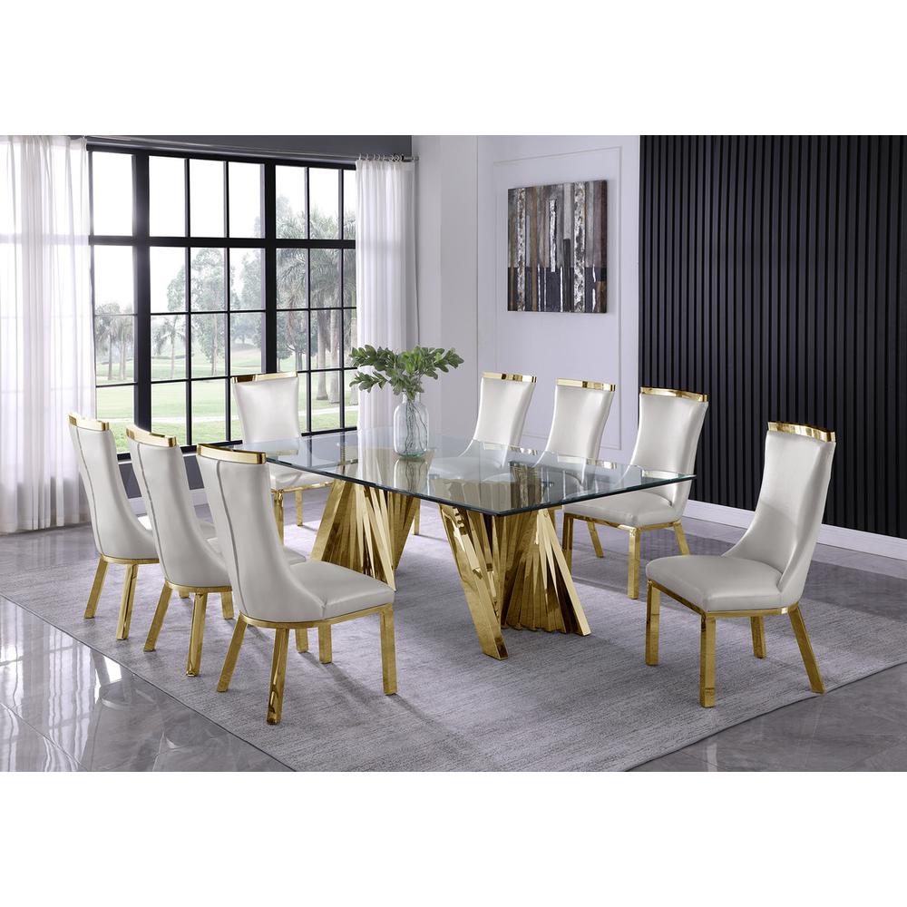 9pc dining set- Recatngle Glass table with gold color base and White faux leather chairs. Picture 4