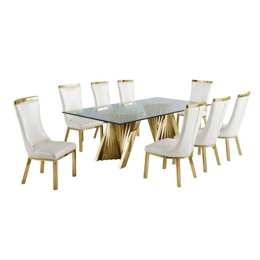 9pc dining set- Recatngle Glass table with gold color base and White faux leather chairs. Picture 1