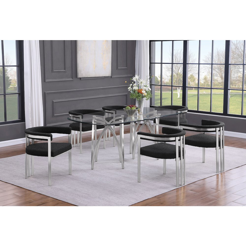 7Pc Tempered Glass Dining Table Set With 6 Black With Matte Silver Side Chairs. Picture 2