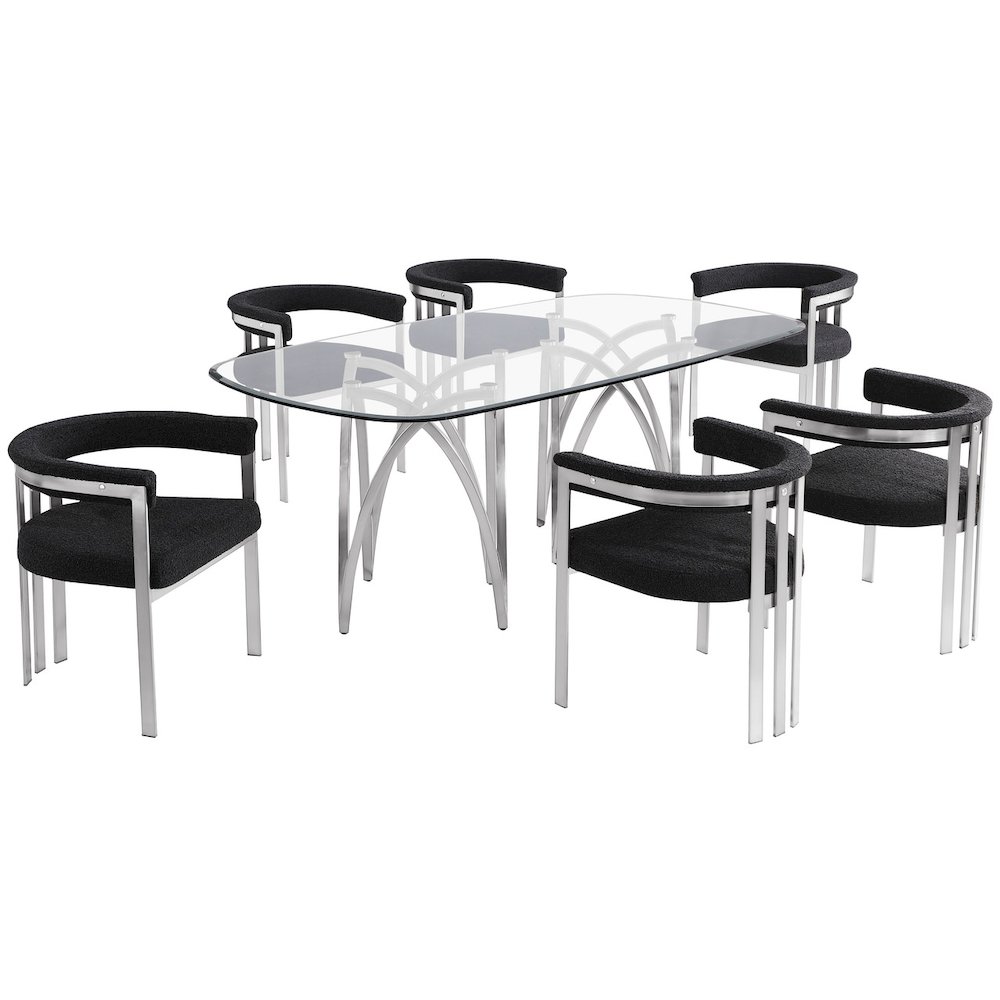 7Pc Tempered Glass Dining Table Set With 6 Black With Matte Silver Side Chairs. Picture 1