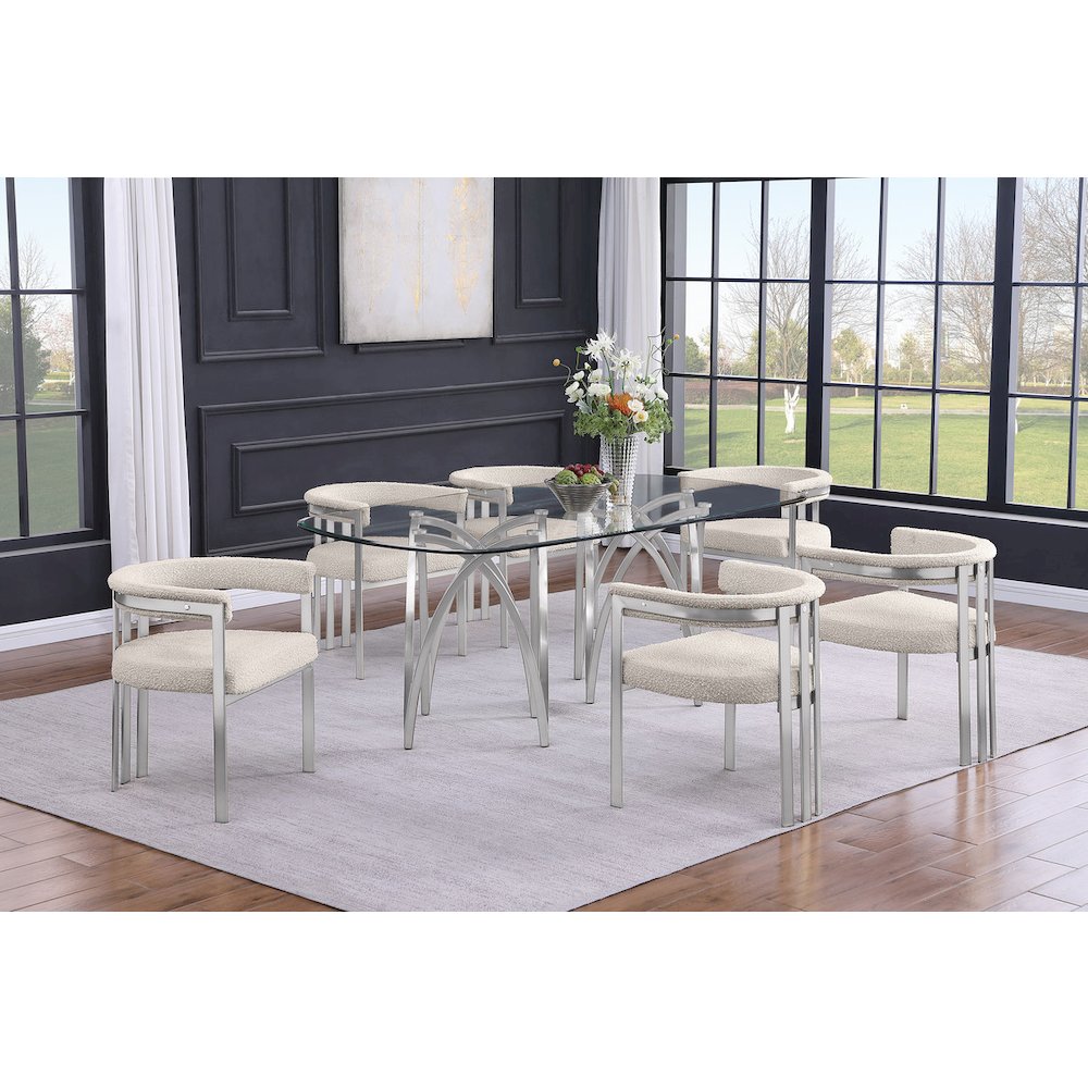 7Pc Tempered Glass Dining Table Set With 6 Cream With Matte Silver Side Chairs. Picture 2