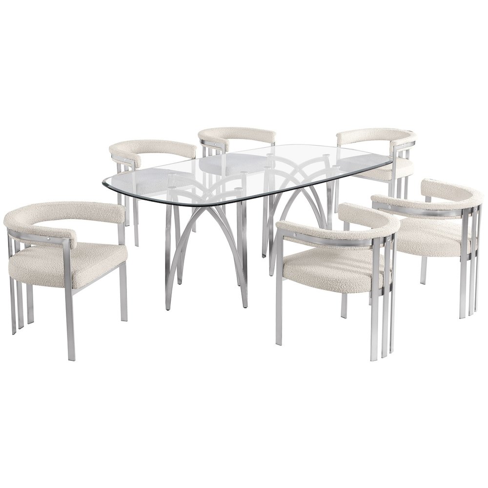 7Pc Tempered Glass Dining Table Set With 6 Cream With Matte Silver Side Chairs. Picture 1