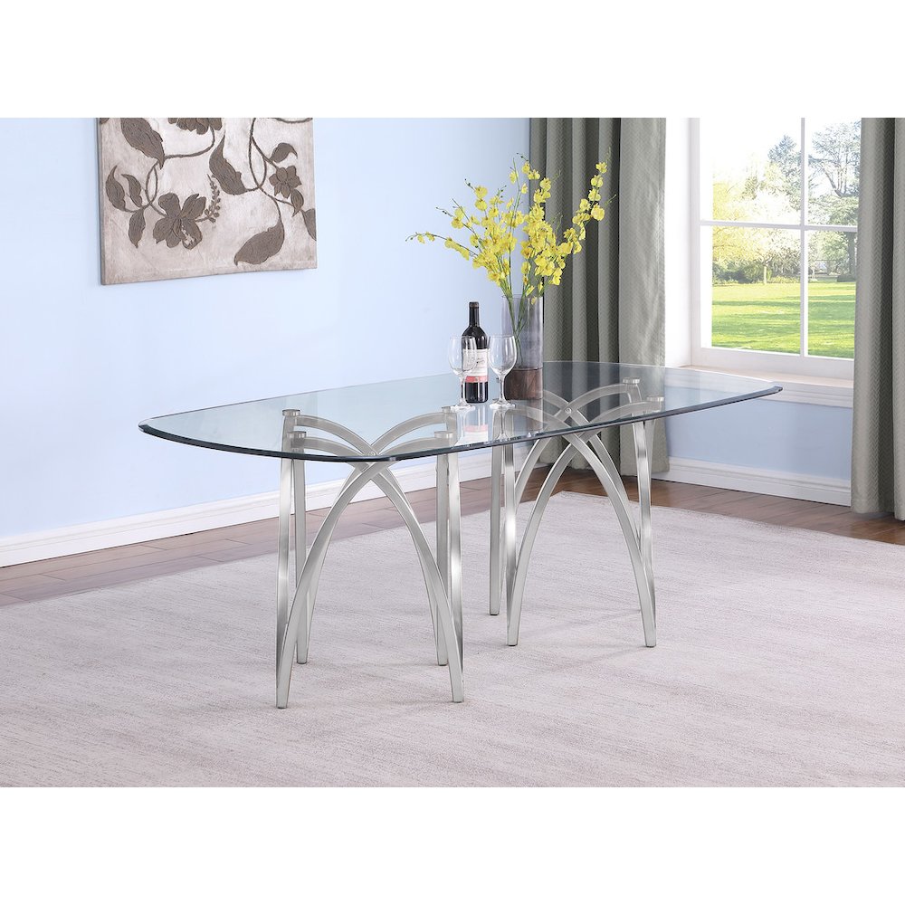 Small Clear Tempered Glass Dining Table Brushed Silver Matte Chrome-Plated Base. Picture 2