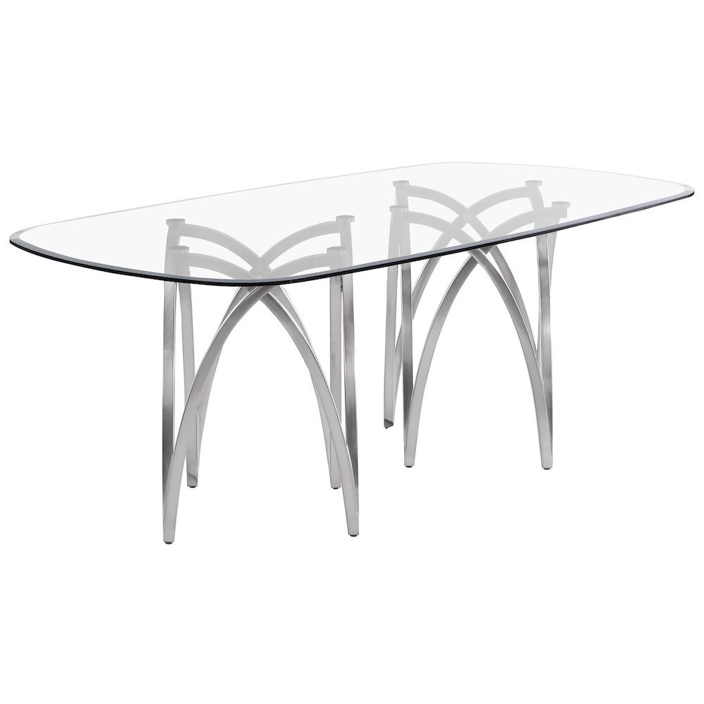 Small Clear Tempered Glass Dining Table Brushed Silver Matte Chrome-Plated Base. Picture 1