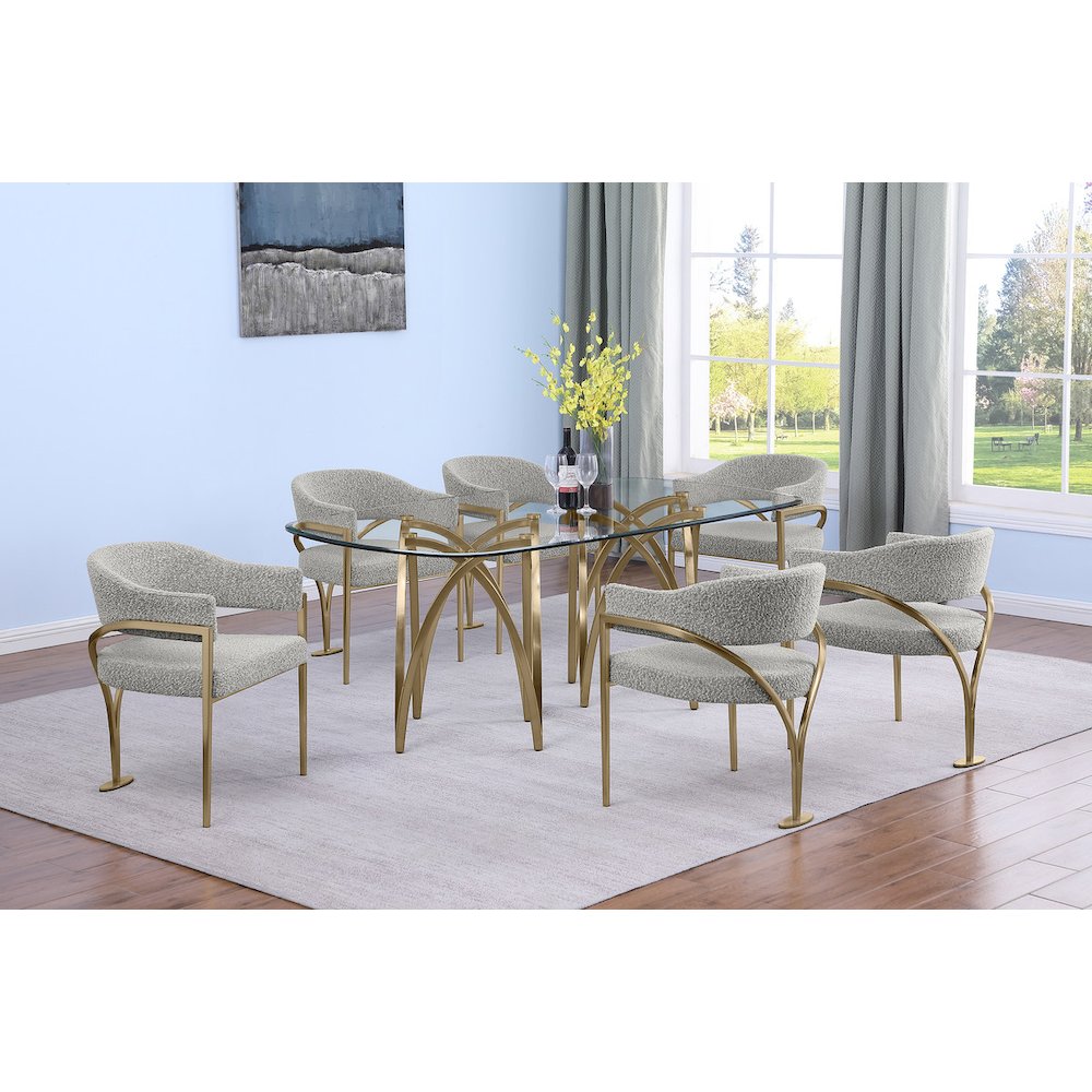 7Pc Tempered Glass Dining Table Set With 6 Rich Gray With Matte Gold Side Chairs. Picture 2