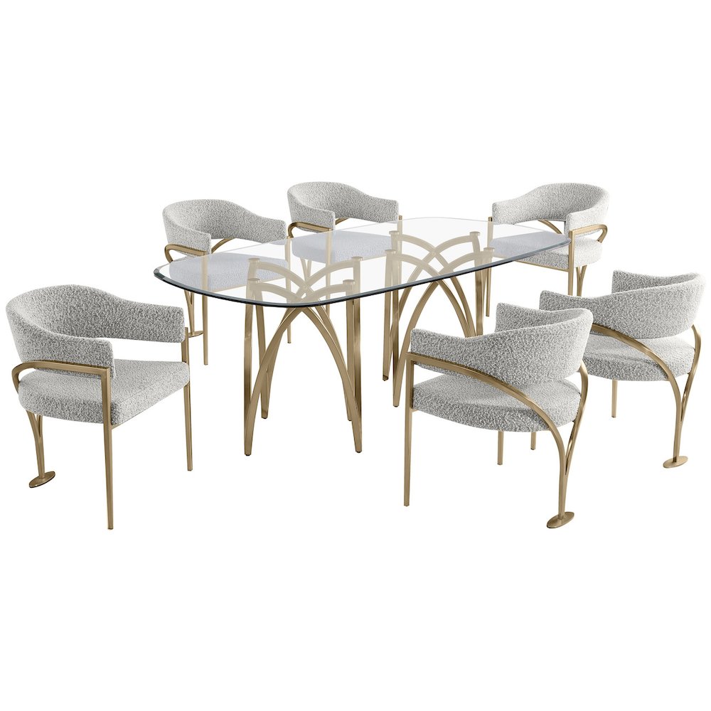 7Pc Tempered Glass Dining Table Set With 6 Rich Gray With Matte Gold Side Chairs. Picture 1