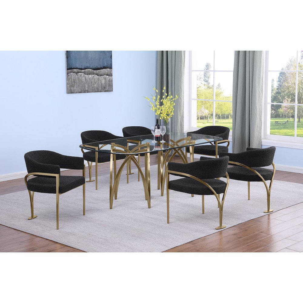 7Pc Tempered Glass Dining Table Set With 6 Black With Matte Gold Side Chairs. Picture 2