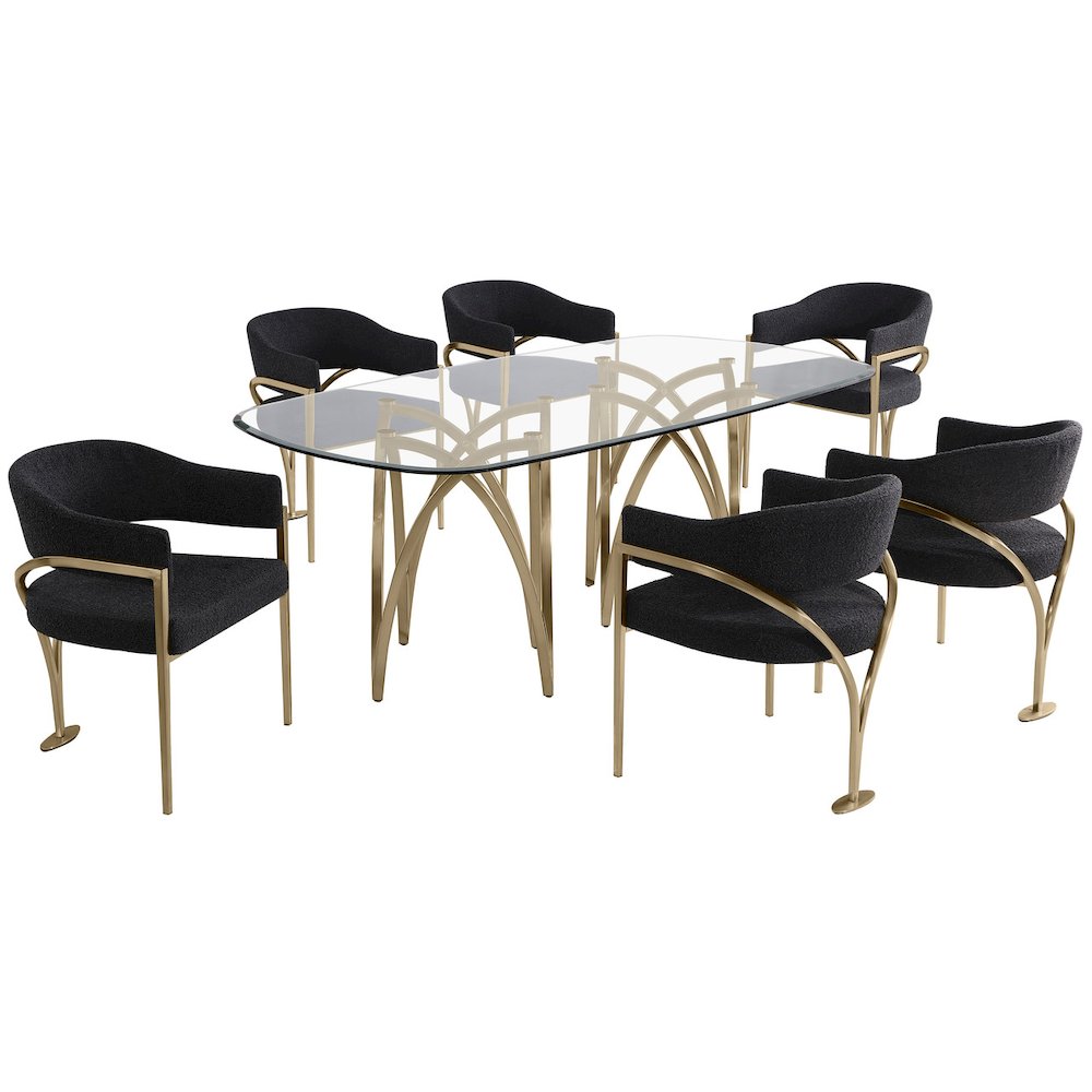 7Pc Tempered Glass Dining Table Set With 6 Black With Matte Gold Side Chairs. Picture 1