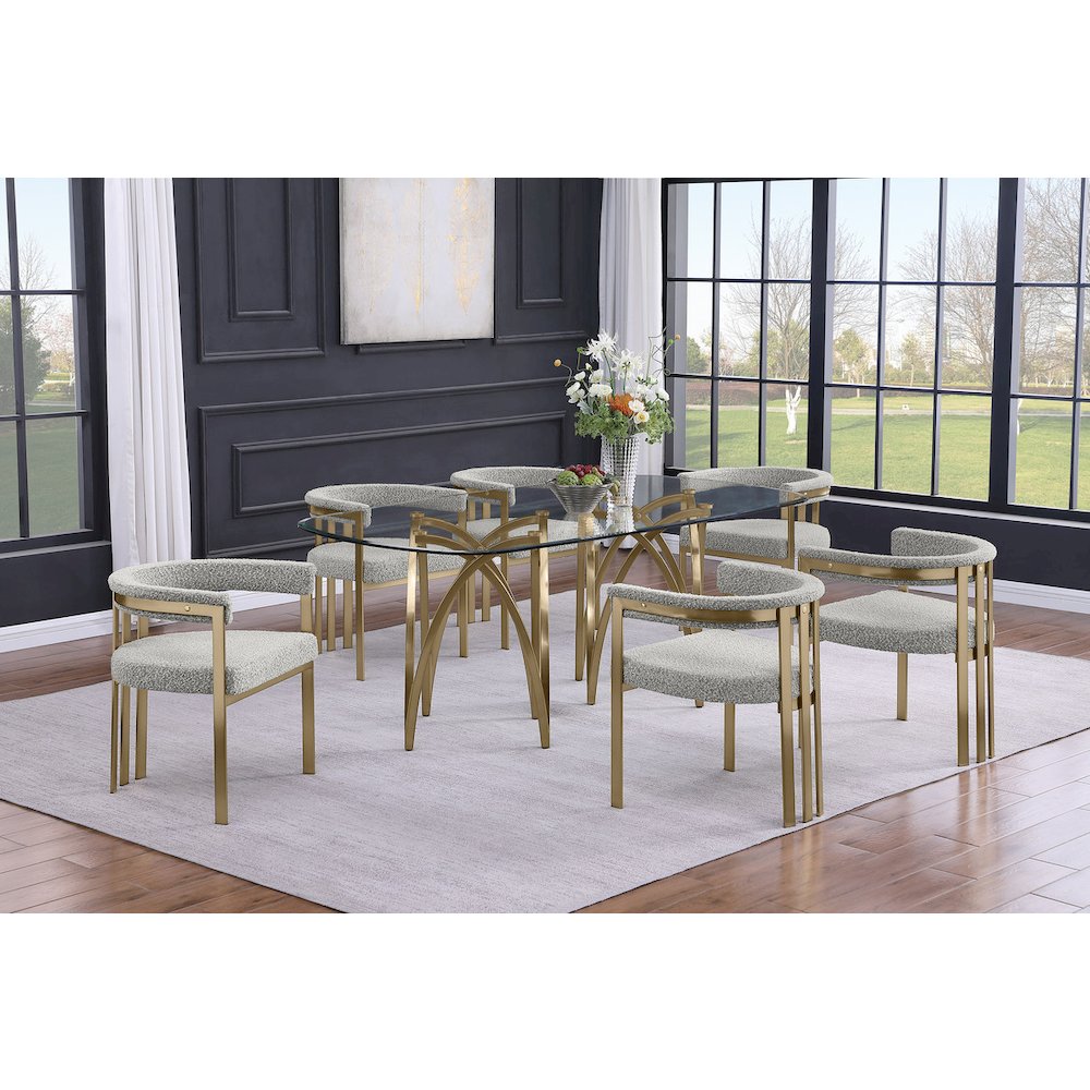 7Pc Tempered Glass Dining Table Set With 6 Rich Gray With Matte Gold Side Chairs. Picture 2