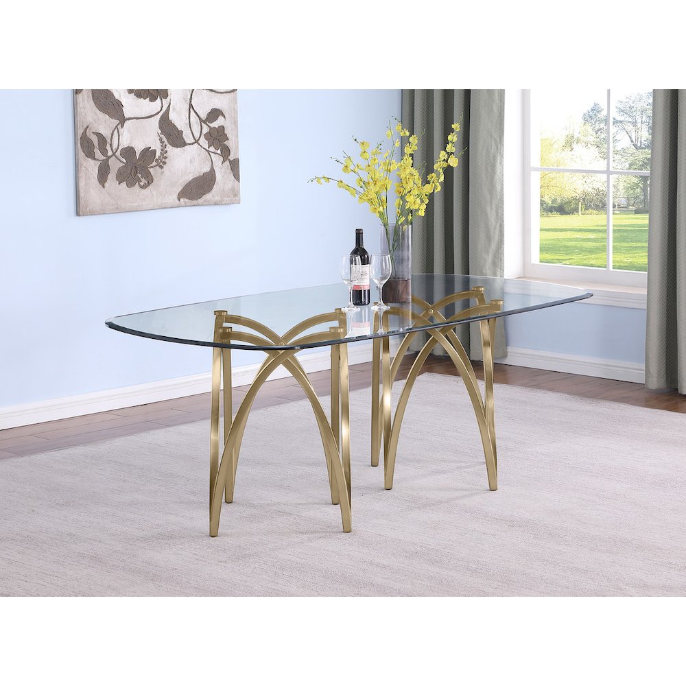 Small Clear Tempered Glass Dining Table A Gold Brushed Matte Chrome-Plated Base. Picture 2