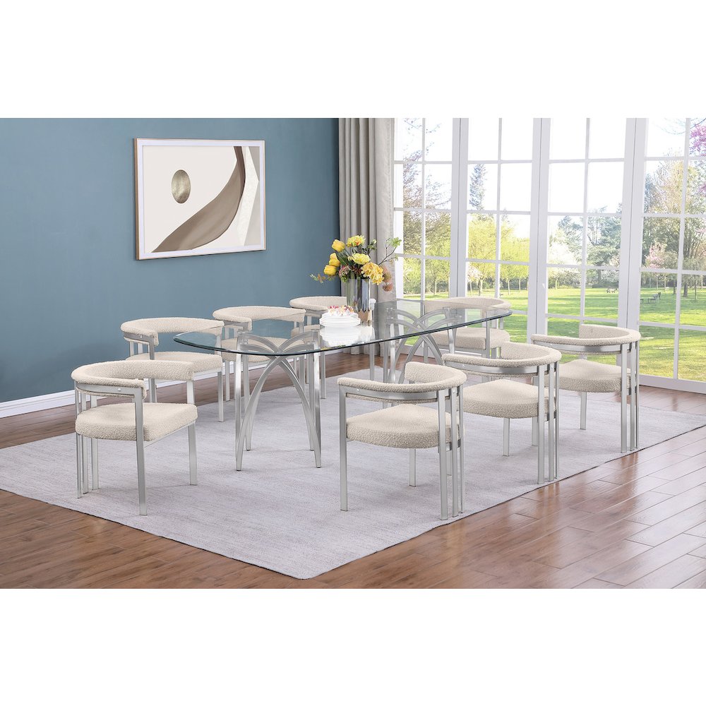 9Pc Tempered Glass Dining Table Set With 8 Cream With Matte Silver Side Chairs. Picture 2