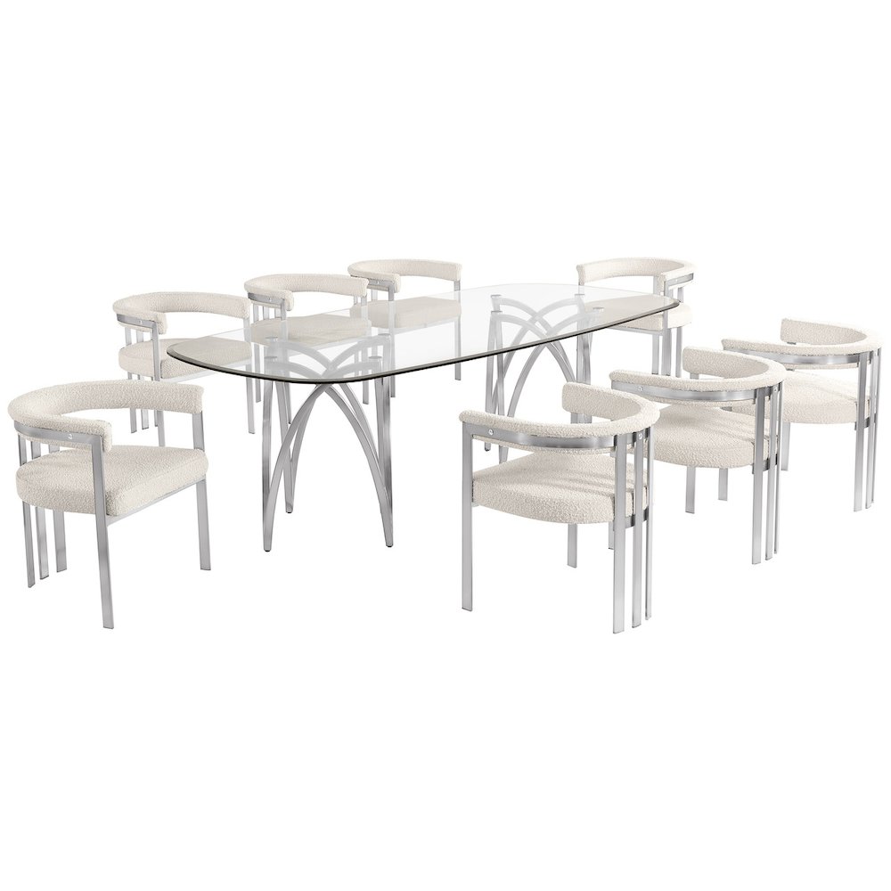 9Pc Tempered Glass Dining Table Set With 8 Cream With Matte Silver Side Chairs. Picture 1