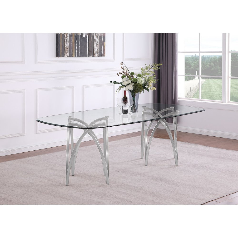 Large Clear Tempered Glass Dining Table Brushed Silver Matte Chrome-Plated Base. Picture 2