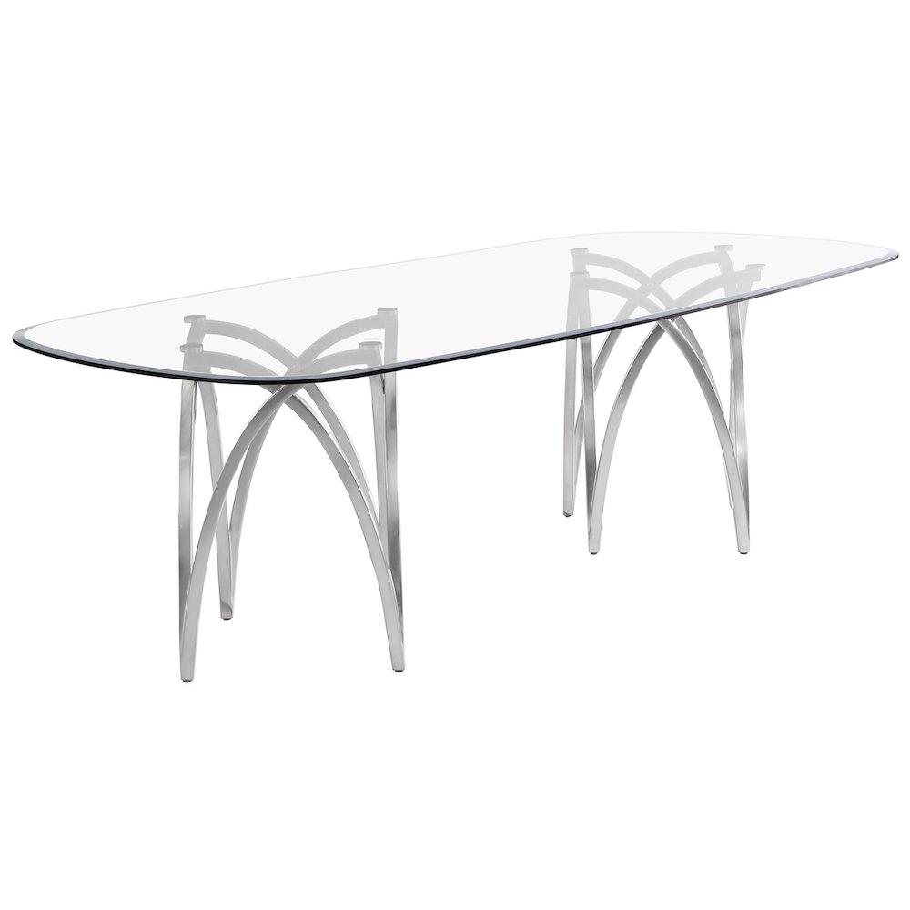 Large Clear Tempered Glass Dining Table Brushed Silver Matte Chrome-Plated Base. Picture 1