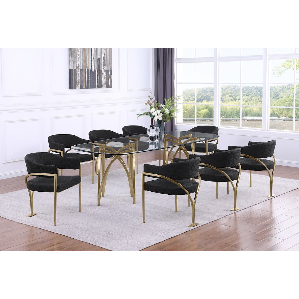 9Pc Tempered Glass Dining Table Set With 8 Black With Matte Gold Side Chairs. Picture 2