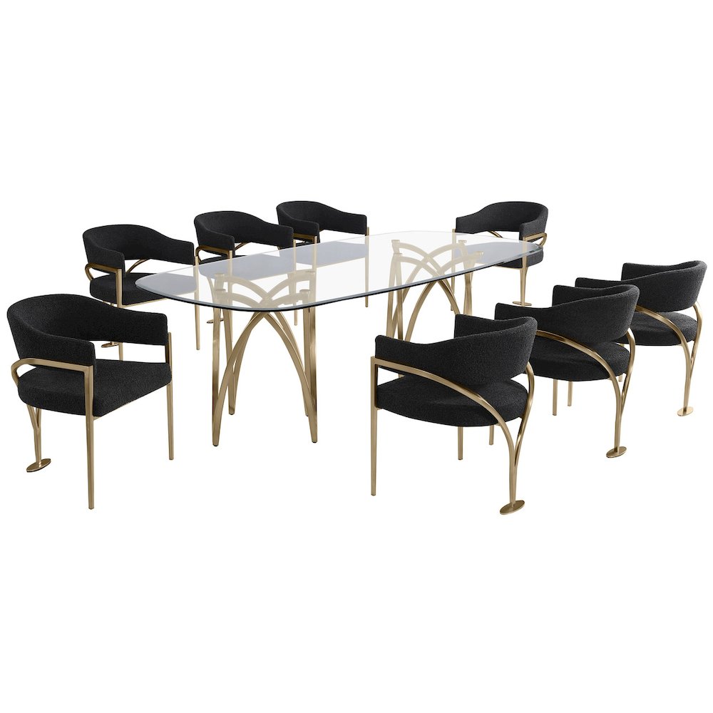 9Pc Tempered Glass Dining Table Set With 8 Black With Matte Gold Side Chairs. Picture 1