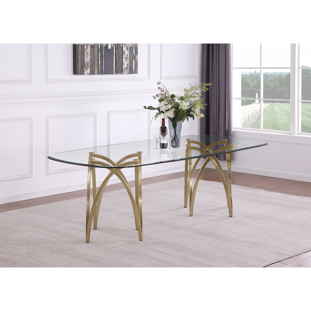 Large Clear Tempered Glass Dining Table A Gold Brushed Matte Chrome-Plated Base. Picture 2