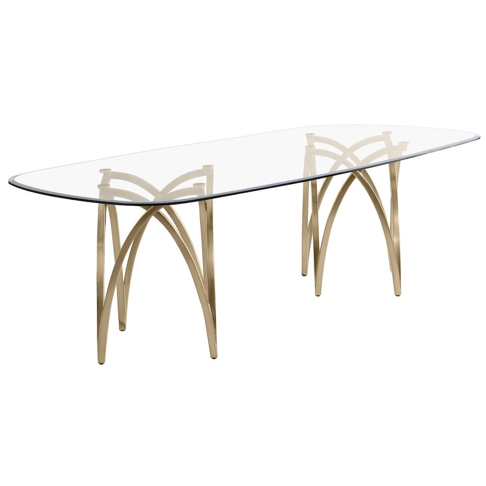 Large Clear Tempered Glass Dining Table A Gold Brushed Matte Chrome-Plated Base. Picture 1