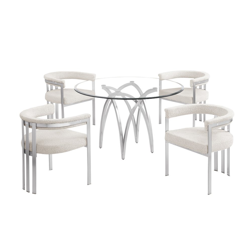 5Pc Round 48X48 Dining Set With 4 Cream Boucle Chairs. Picture 1