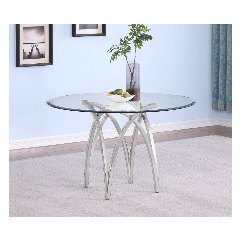 Round 48X48 Tempered Glass Dining Table With Matte Gold Base. Picture 4