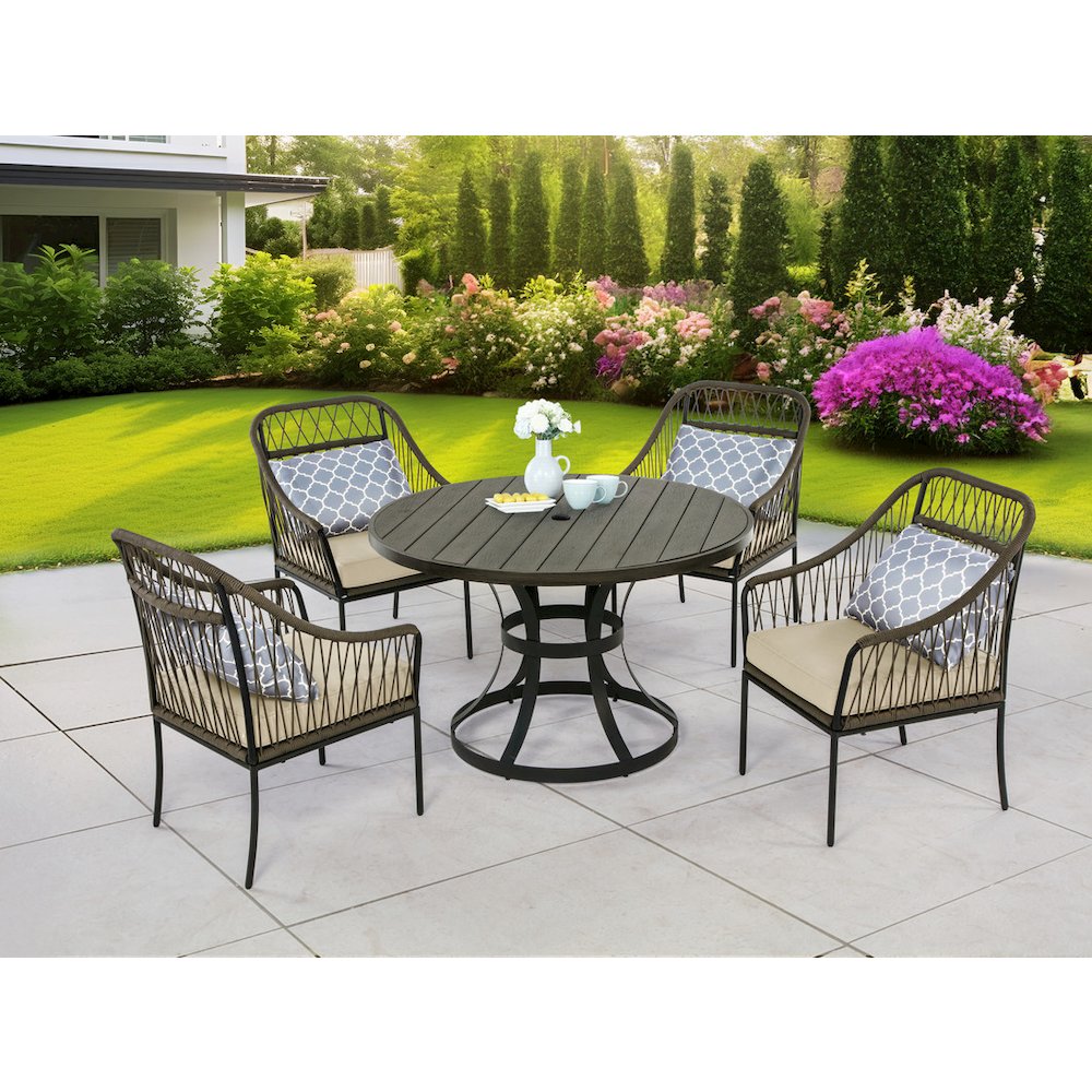 5pc patio dining set in gray with cushioned seats. Picture 5