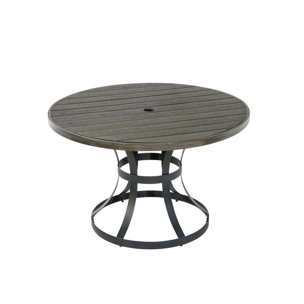 Gray steel outdoor patio dining table. Picture 1