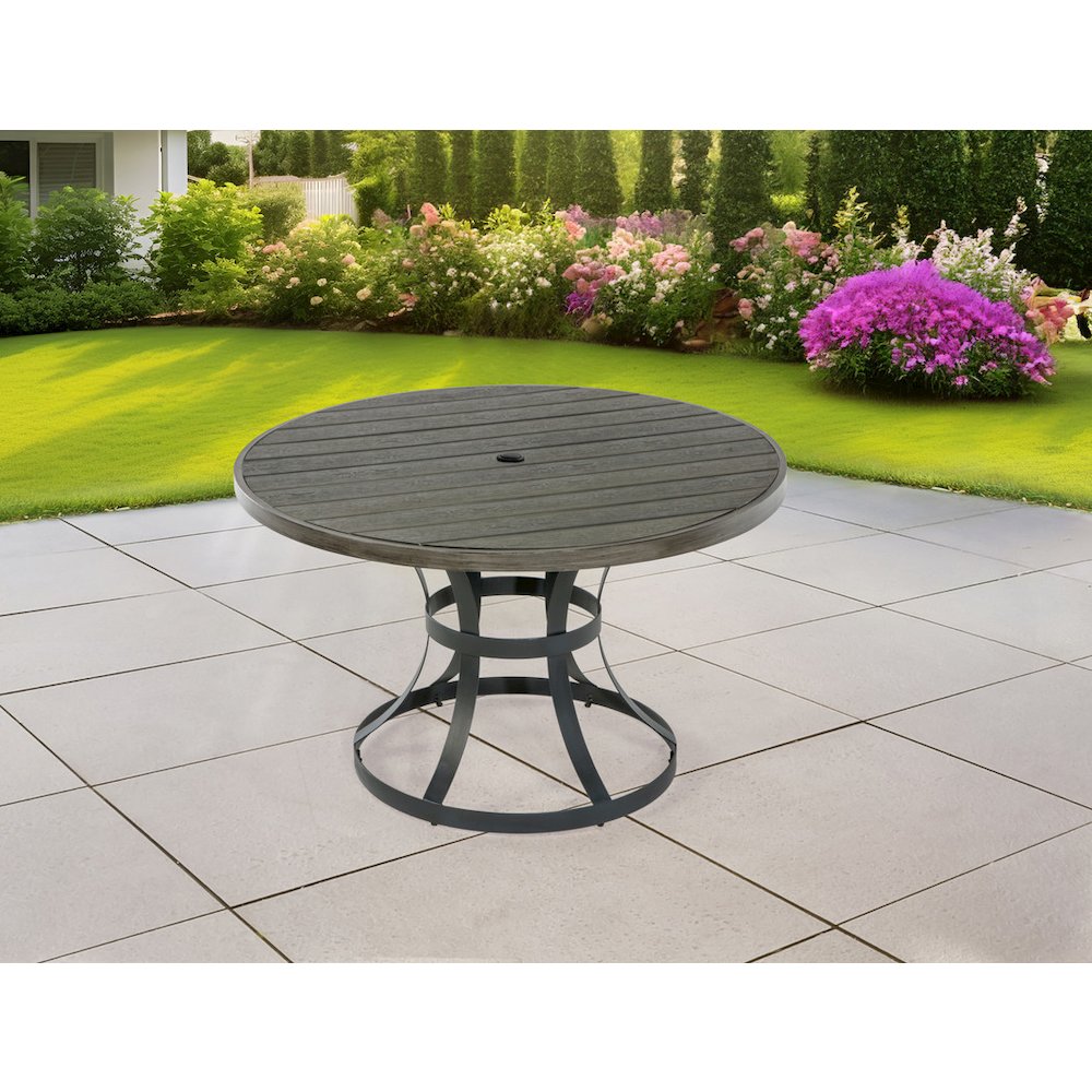 Gray steel outdoor patio dining table. Picture 4