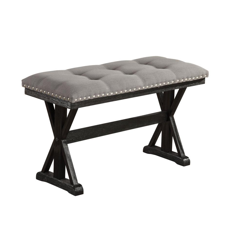 Counter height dining bench with grey linen fabric and light espresso base. Picture 1
