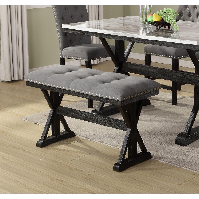 Counter height dining bench with grey linen fabric and light espresso base. Picture 2
