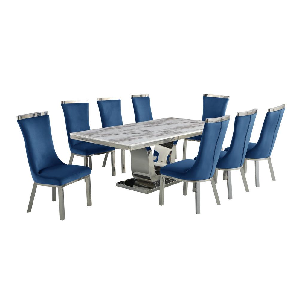 9pc dining set- Rectangle Marble table with a U shape silver base and 8 Navy Blue side chairs. Picture 1