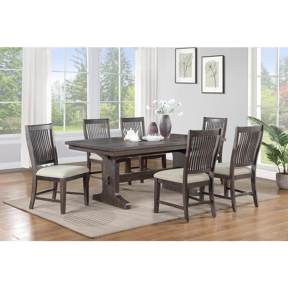 7 piece dining set in rustic brown with 6 beige linen side chairs. Picture 4