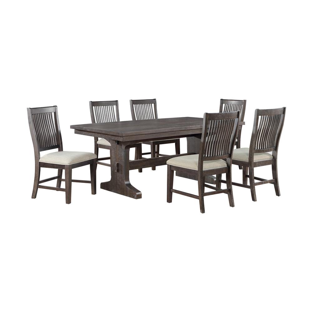 7 piece dining set in rustic brown with 6 beige linen side chairs. Picture 1