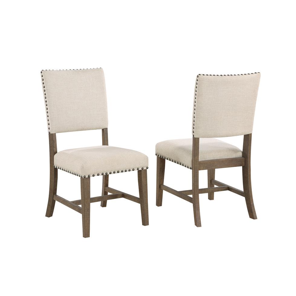 7 piece dining set in brown oak with matching beige linen side chairs and bench. Picture 5