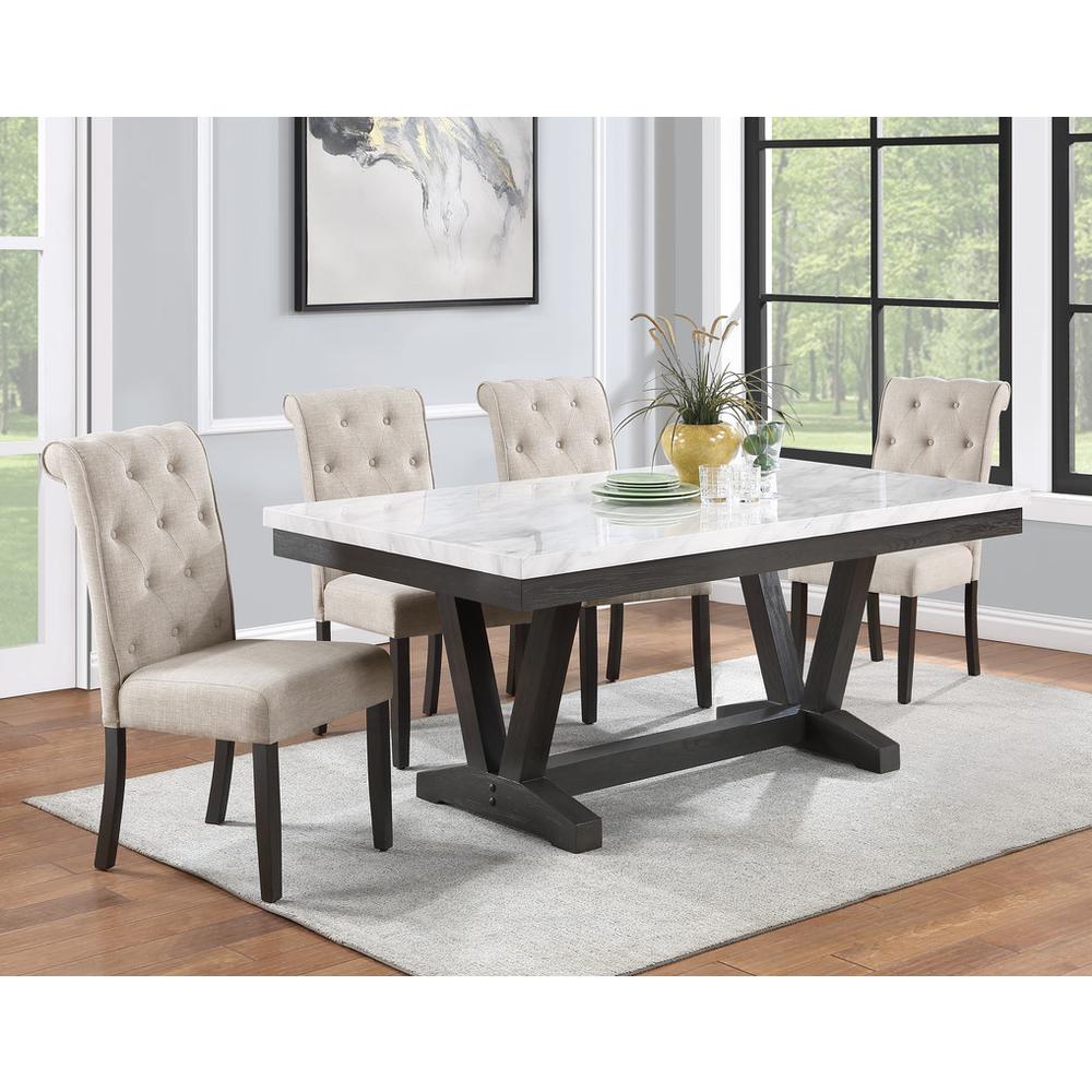 5pc Dining set, Faux Marble Wrap Table set with Beige linen dining chairs. Picture 2
