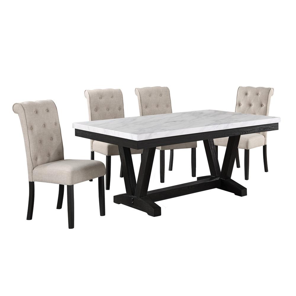 5pc Dining set, Faux Marble Wrap Table set with Beige linen dining chairs. Picture 1