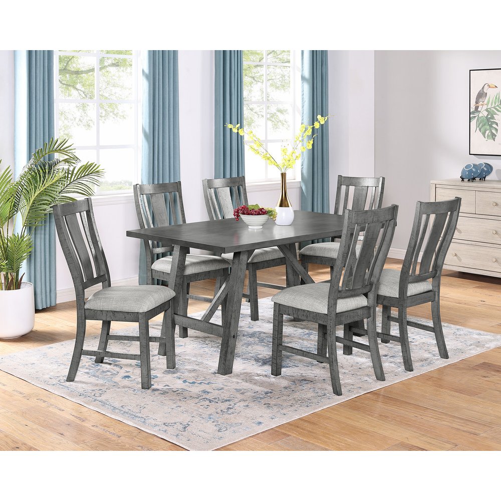 7 Piece Dining Set, Modern Farmhouse Design In Rustic Grey. Picture 4