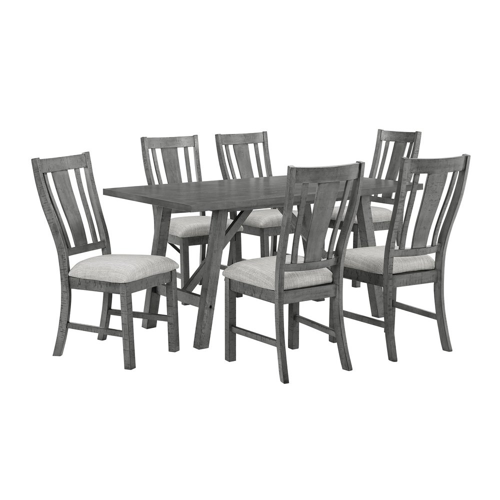7 Piece Dining Set, Modern Farmhouse Design In Rustic Grey. Picture 1